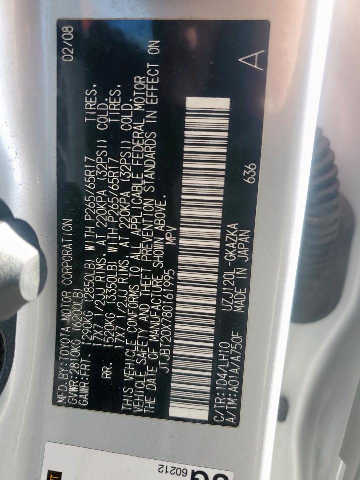 2008 Lexus Gx 470 VIN: JTJBT20X780161995 Lot: 91314735