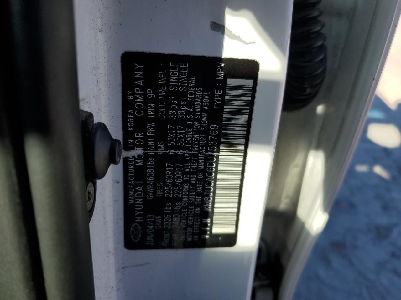 2013 Hyundai Tucson Gls VIN: KM8JUCAC6DU753769 Lot: 93480385