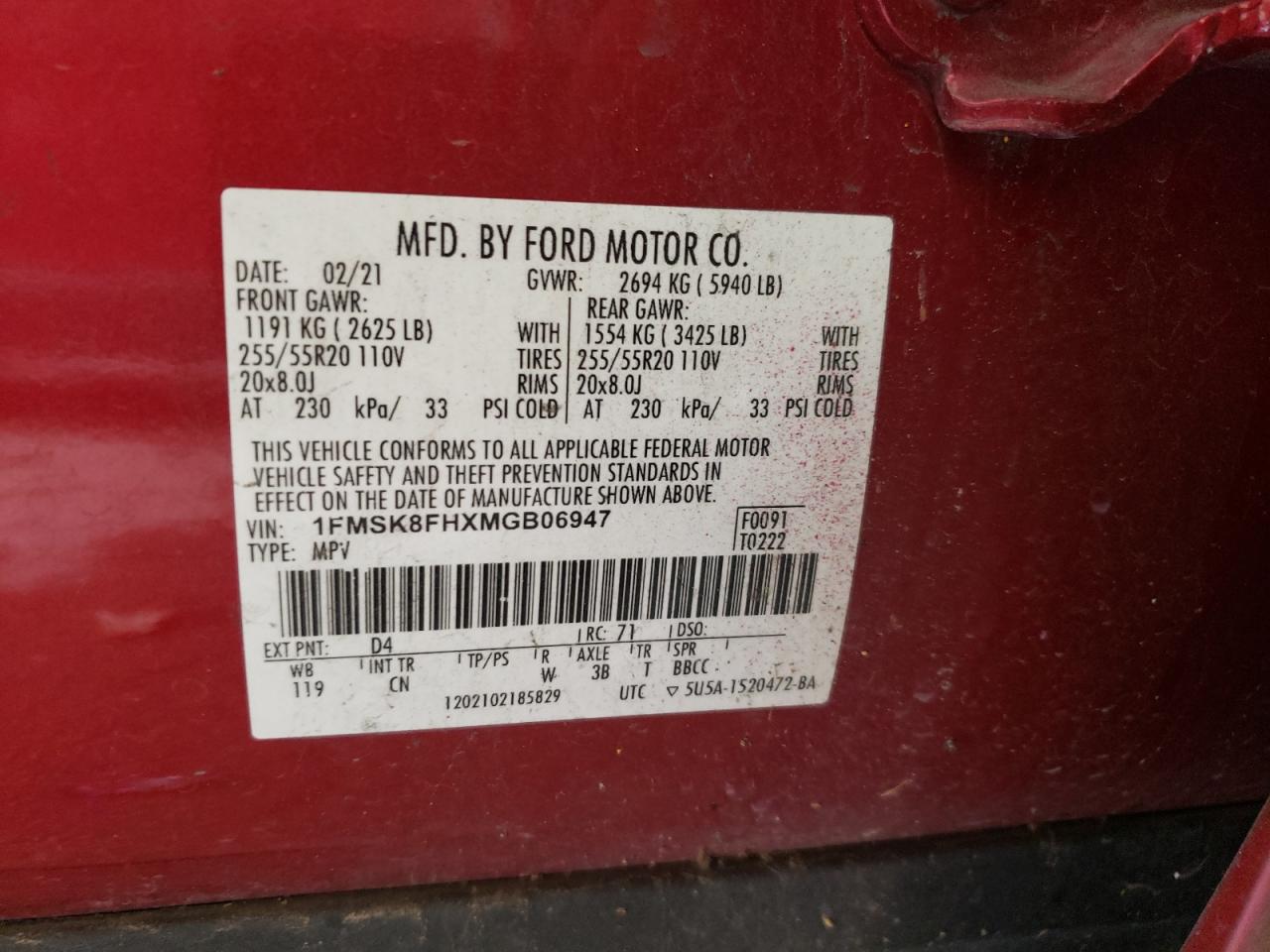 2021 Ford Explorer Limited VIN: 1FMSK8FHXMGB06947 Lot: 91285735