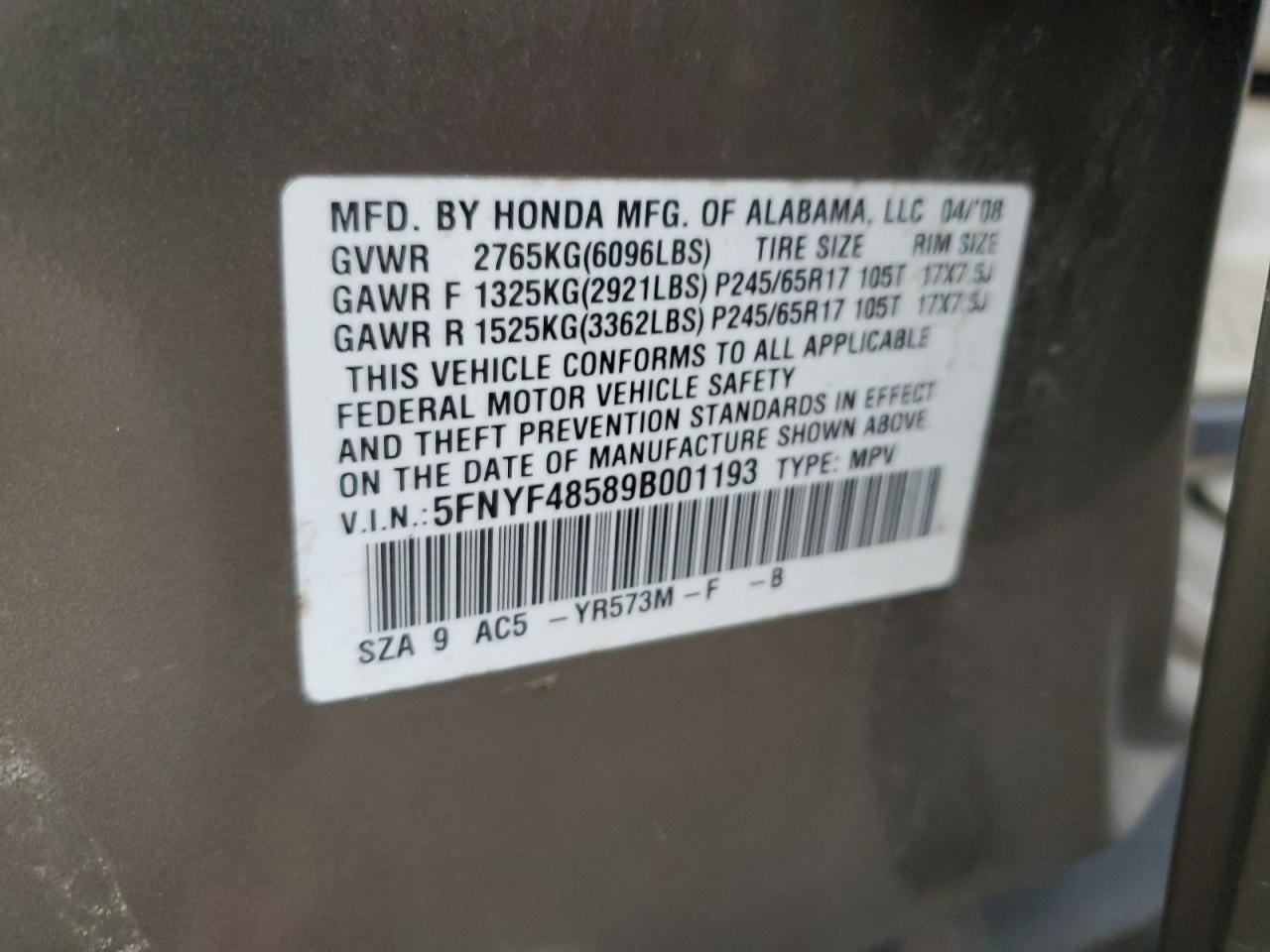 2009 Honda Pilot Exl VIN: 5FNYF48589B001193 Lot: 93675815