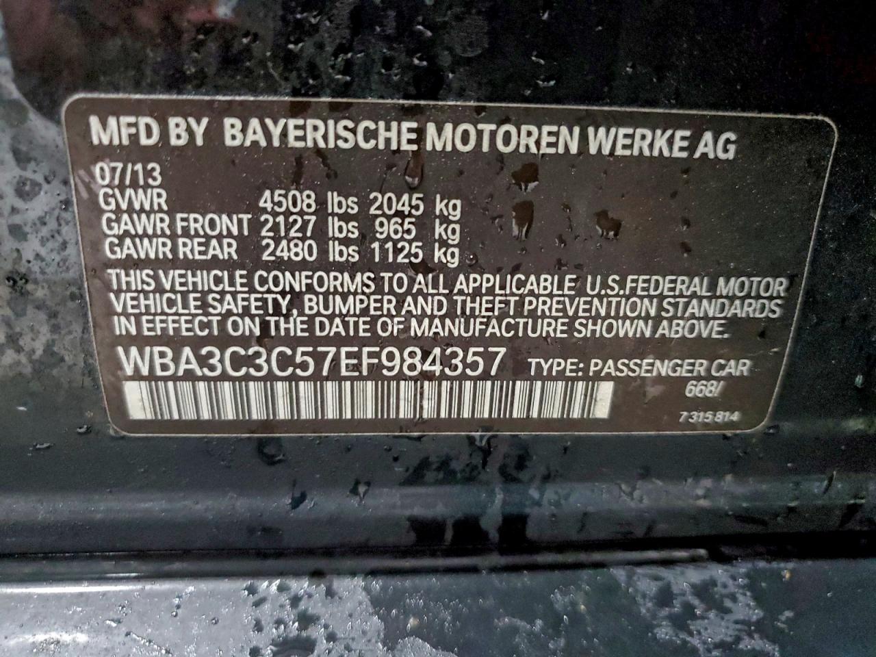 2014 BMW 320 I xDrive VIN: WBA3C3C57EF984357 Lot: 94322455