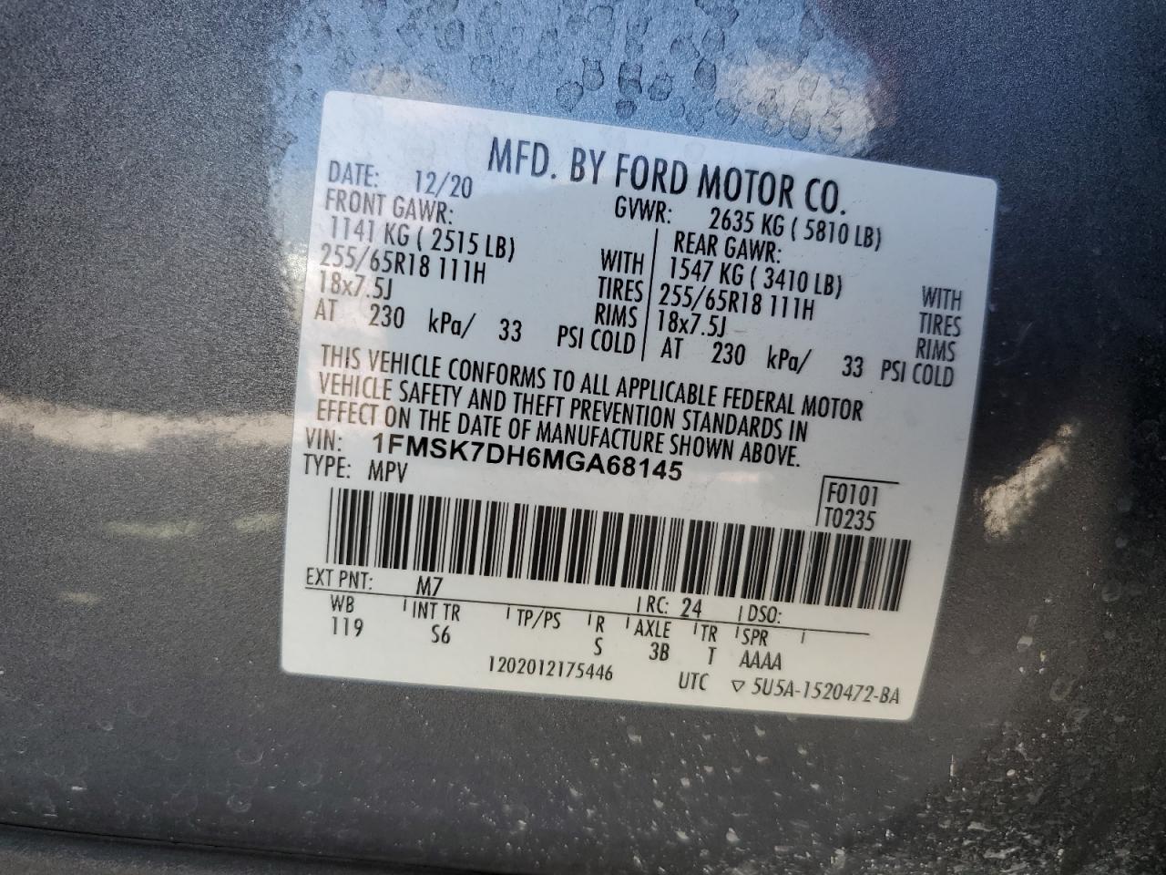 2021 Ford Explorer Xlt VIN: 1FMSK7DH6MGA68145 Lot: 92536975