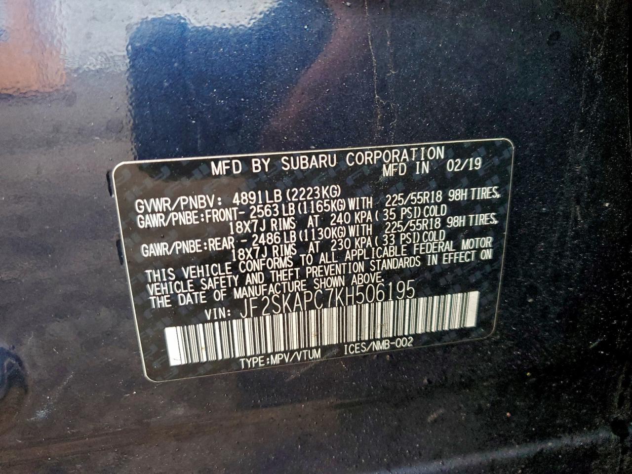 2019 Subaru Forester Sport VIN: JF2SKAPC7KH506195 Lot: 94332625