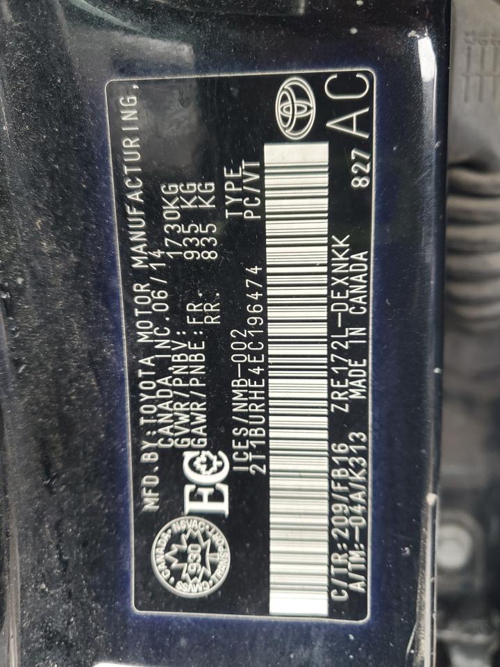 2014 Toyota Corolla L VIN: 2T1BURHE4EC196474 Lot: 91926715