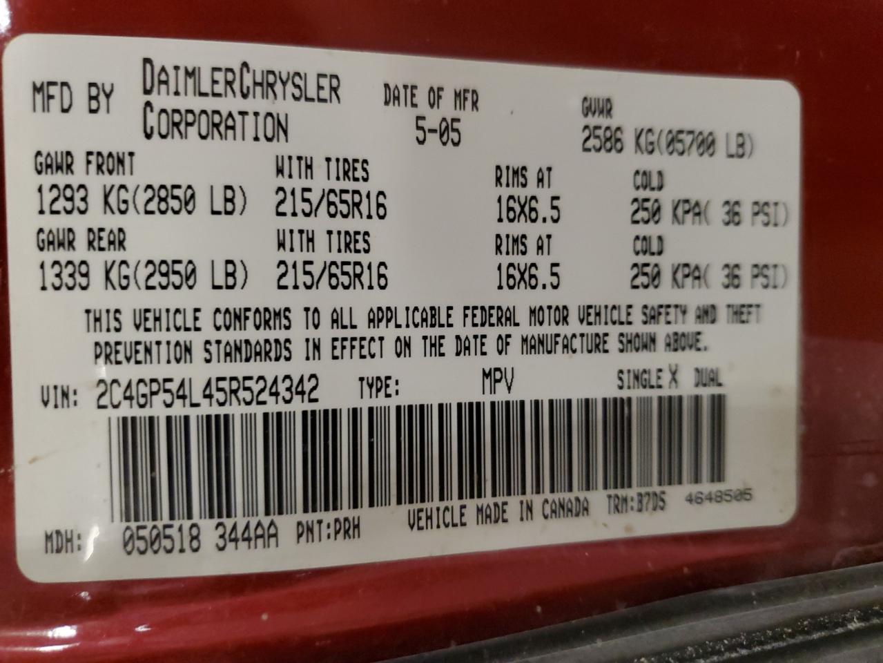 2005 Chrysler Town & Country Touring VIN: 2C4GP54L45R524342 Lot: 90335975