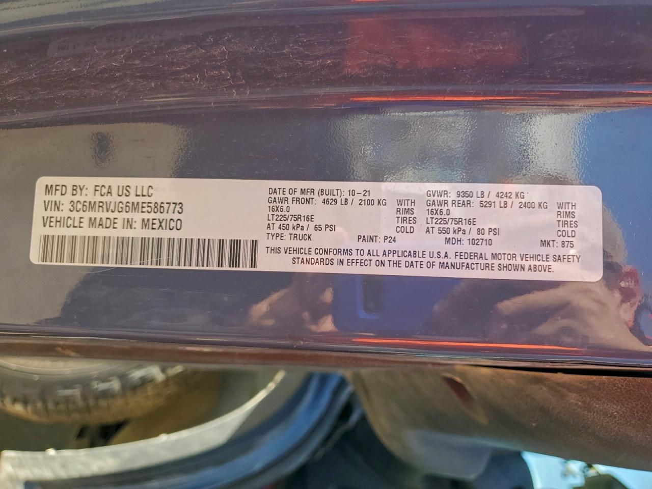 2021 Ram Promaster Delivery Van VIN: 3C6MRVJG6ME586773 Lot: 90247215