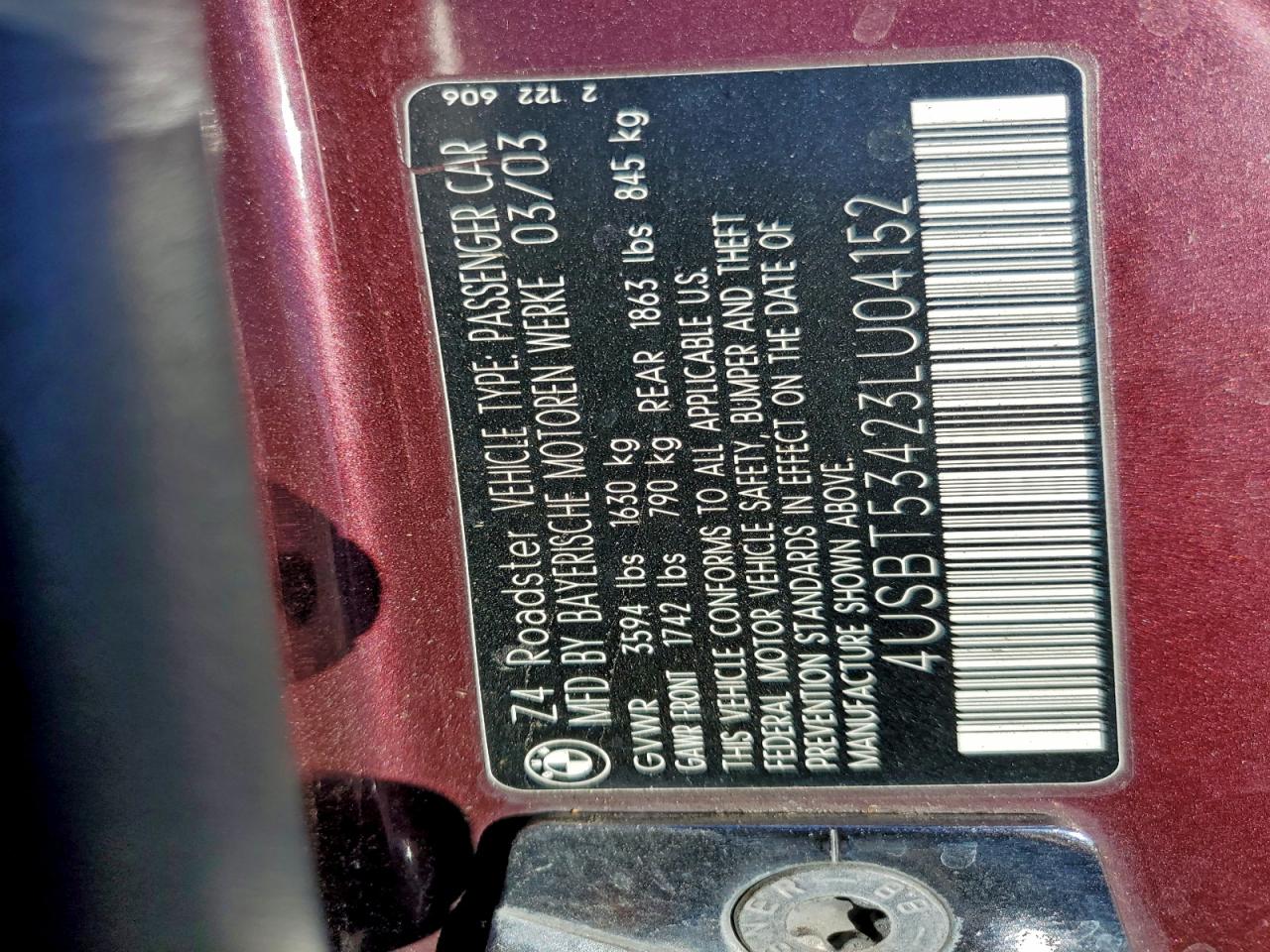 2003 BMW Z4 3.0 VIN: 4USBT53423LU04152 Lot: 94419955