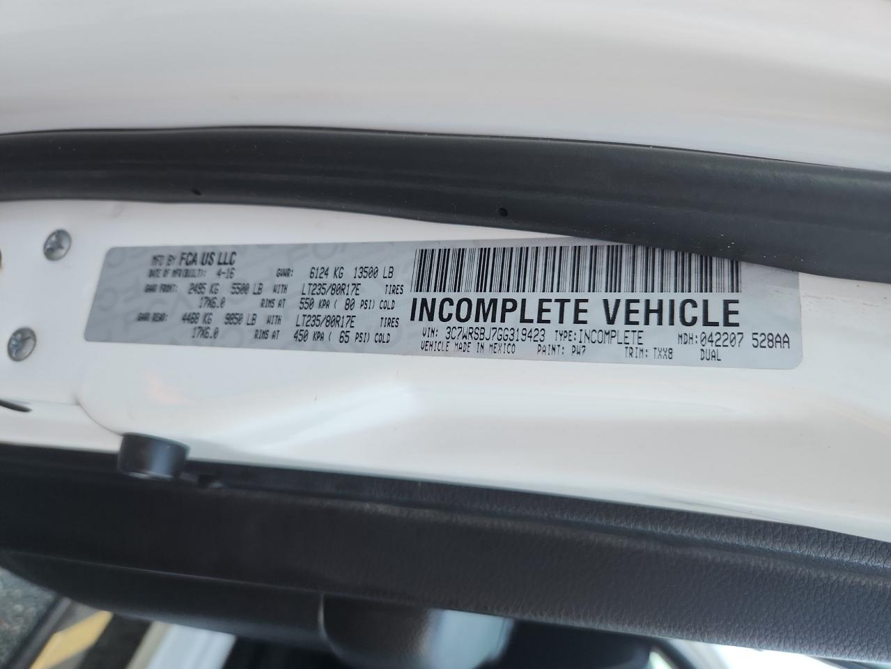 2016 Ram 3500 Box Truck VIN: 3C7WRSBJ7GG319423 Lot: 92054485