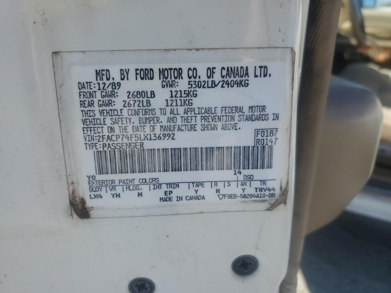 1990 Ford Crown Victoria Lx VIN: 2FACP74F5LX136992 Lot: 92224615