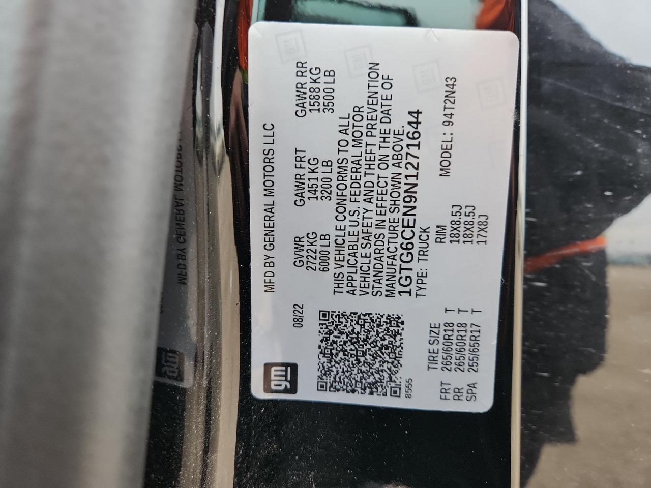 2022 GMC Canyon Elevation VIN: 1GTG6CEN9N1271644 Lot: 92938615