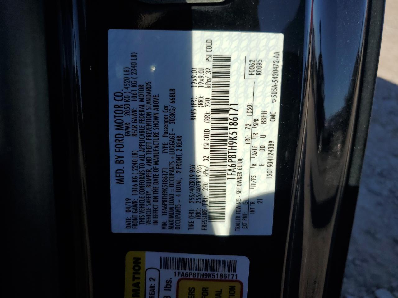 2019 Ford Mustang VIN: 1FA6P8TH9K5186171 Lot: 91829045