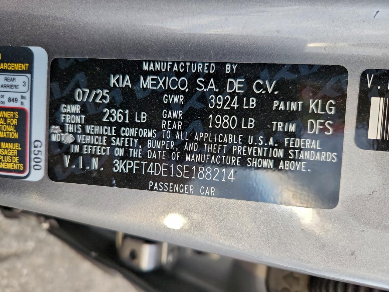 2025 Kia K4 Lx VIN: 3KPFT4DE1SE188214 Lot: 93960575