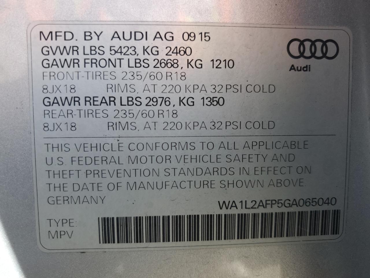 2016 Audi Q5 Premium Plus VIN: WA1L2AFP5GA065040 Lot: 91721425