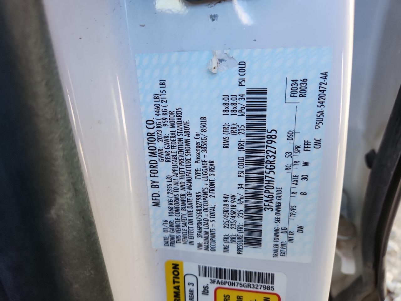 2016 Ford Fusion Se VIN: 3FA6P0H75GR327985 Lot: 90021965