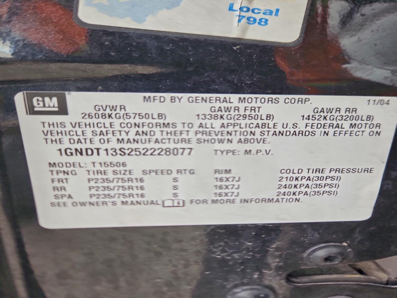 2005 Chevrolet Trailblazer Ls VIN: 1GNDT13S252228077 Lot: 93371185