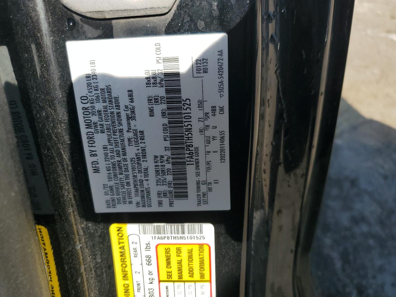 2022 Ford Mustang VIN: 1FA6P8TH5N5101525 Lot: 91706665