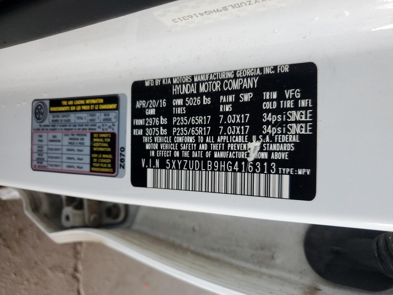 2017 Hyundai Santa Fe Sport VIN: 5XYZUDLB9HG416313 Lot: 93542335