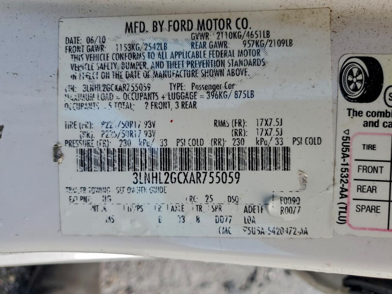 2010 Lincoln Mkz VIN: 3LNHL2GCXAR755059 Lot: 94242945