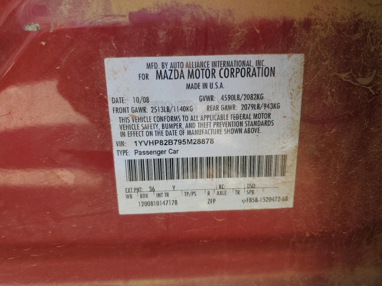 2009 Mazda 6 S VIN: 1YVHP82B795M28878 Lot: 91381125