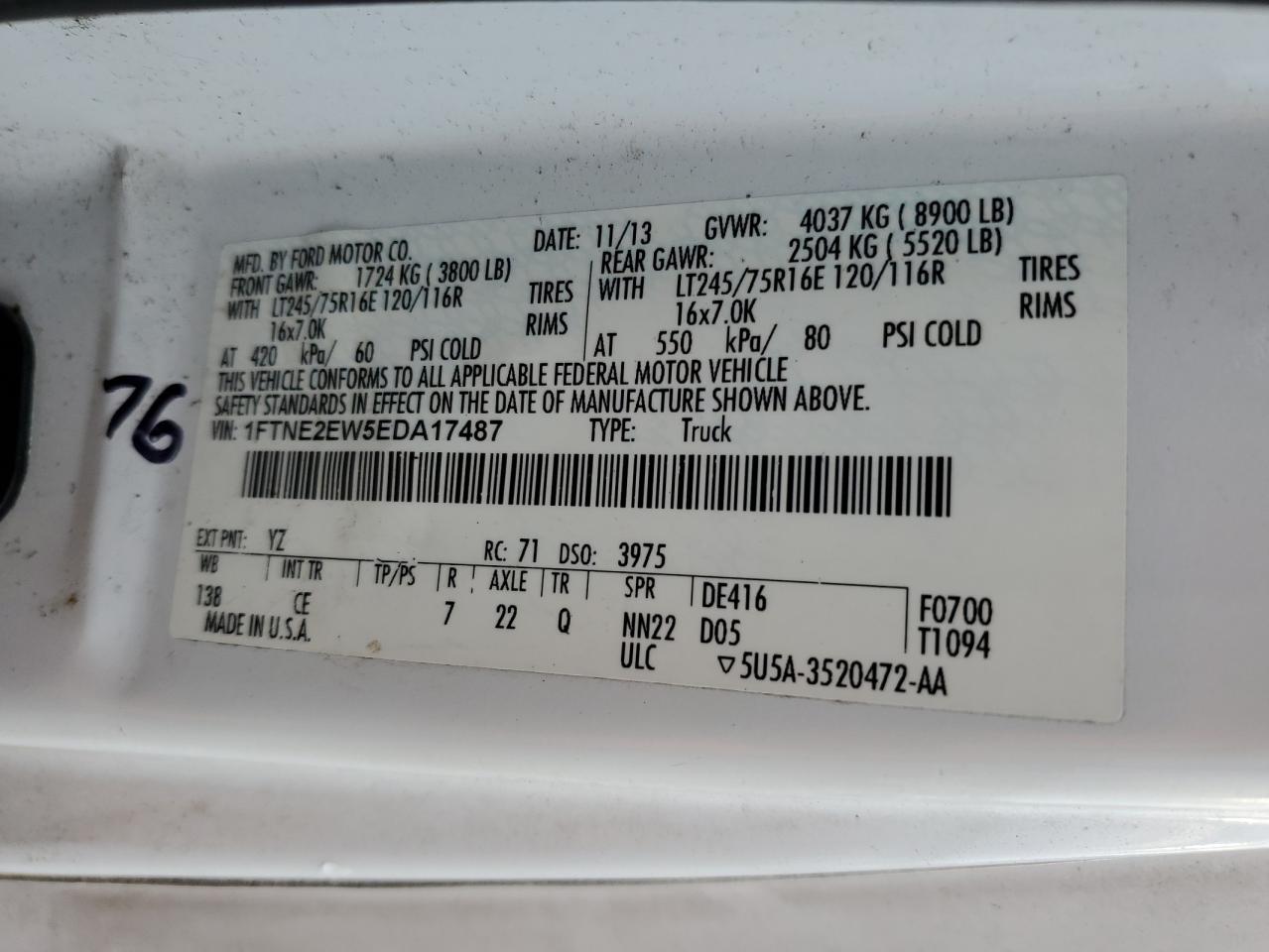 2014 Ford E250 Utility / Service Van VIN: 1FTNE2EW5EDA17487 Lot: 91818825