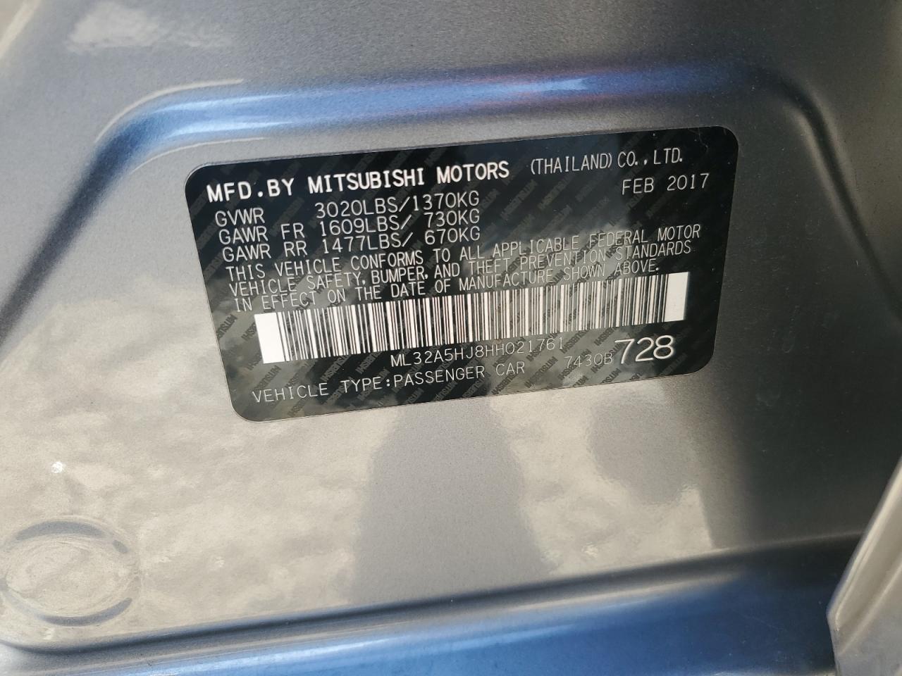 2017 Mitsubishi Mirage Gt VIN: ML32A5HJ8HH021761 Lot: 91884635