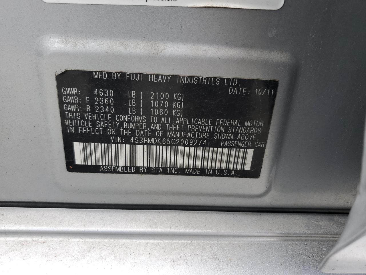 2012 Subaru Legacy 3.6R Limited VIN: 4S3BMDK65C2009274 Lot: 91375085