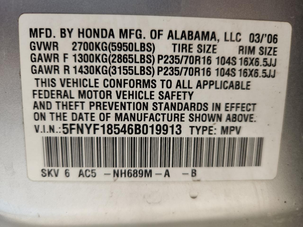 2006 Honda Pilot Ex VIN: 5FNYF18546B019913 Lot: 92857235