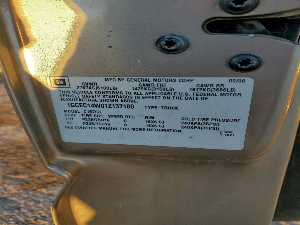 2001 Chevrolet Silverado C1500 VIN: 1GCEC14W01Z137180 Lot: 94231325