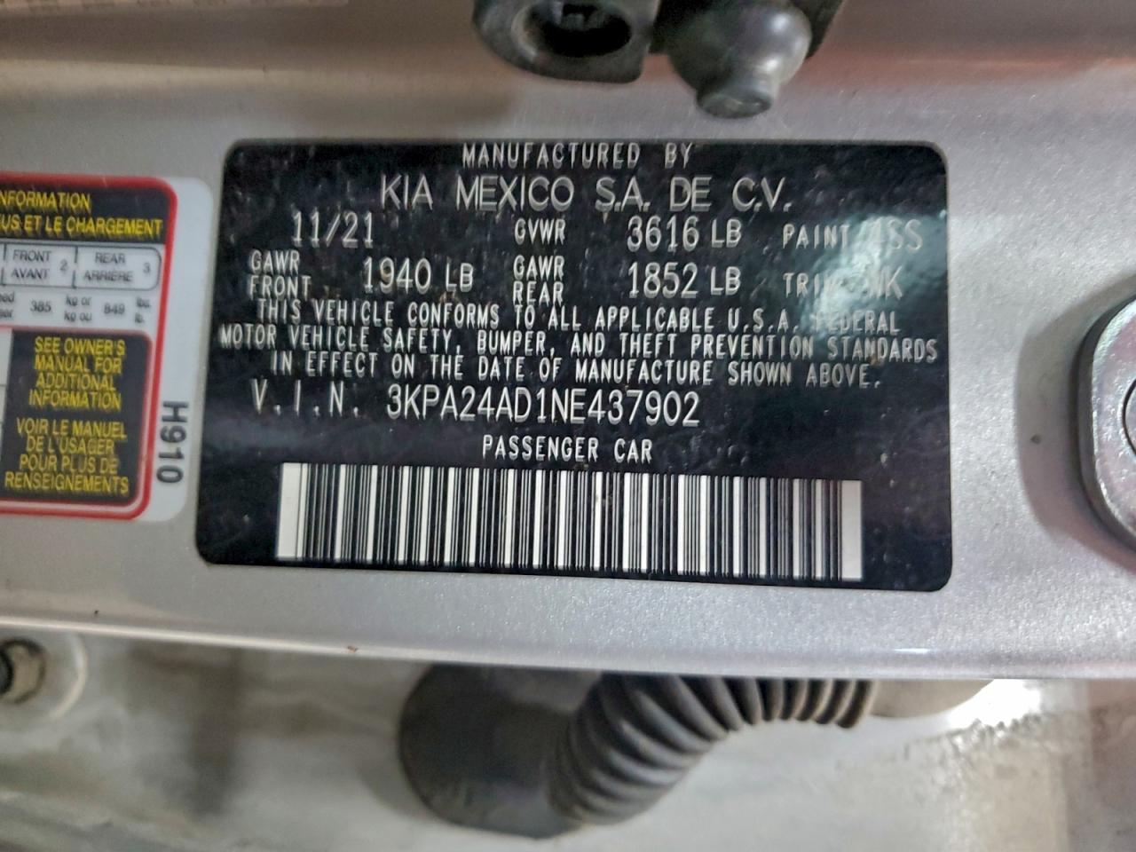 2022 Kia Rio Lx VIN: 3KPA24AD1NE437902 Lot: 93519375