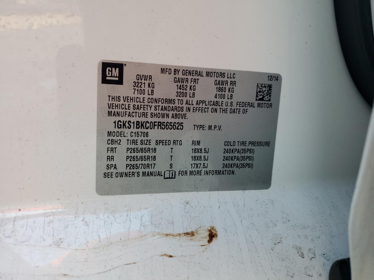 2015 GMC Yukon Slt VIN: 1GKS1BKC0FR565625 Lot: 93456455