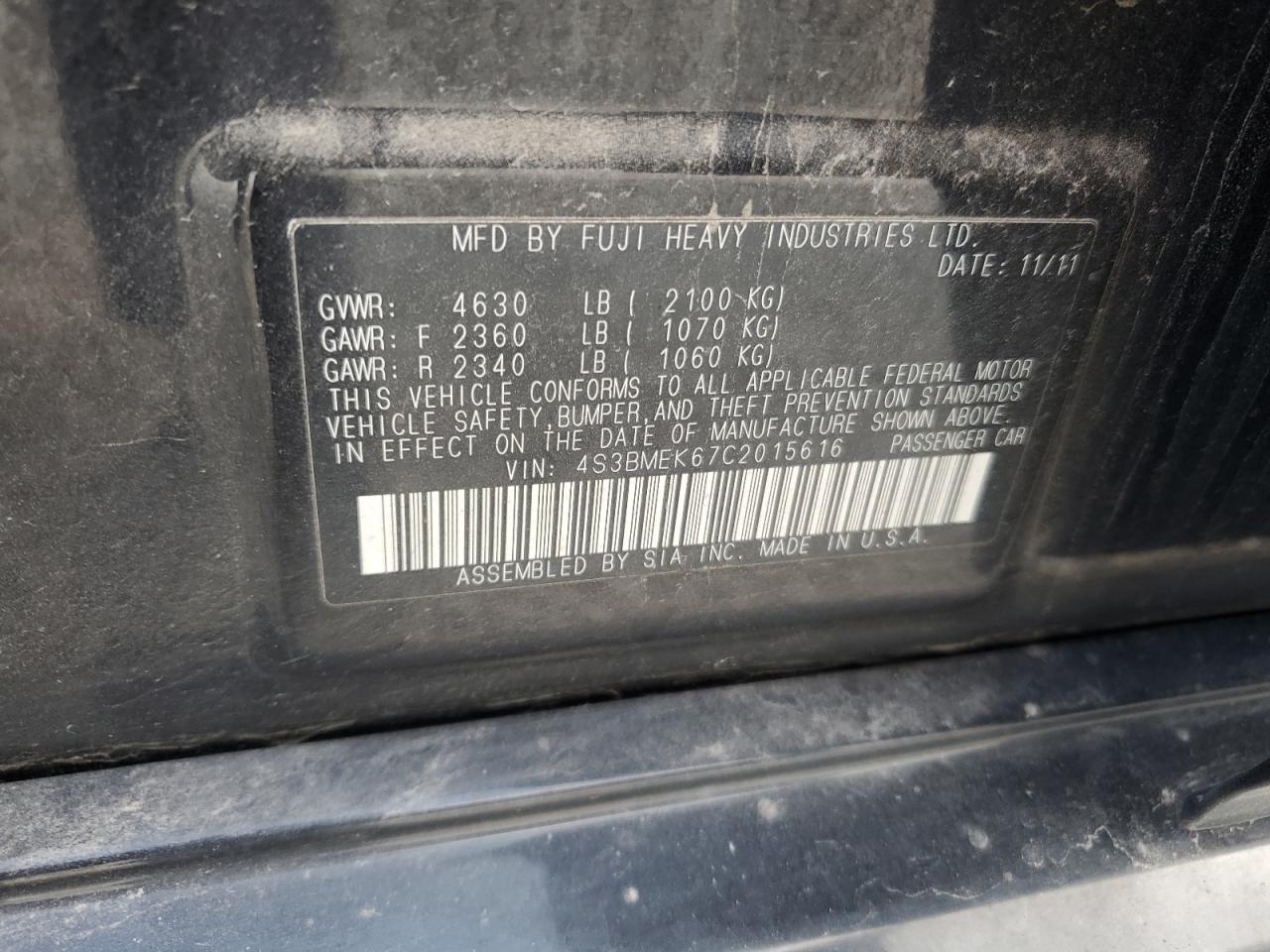 2012 Subaru Legacy 3.6R Limited VIN: 4S3BMEK67C2015616 Lot: 91673905