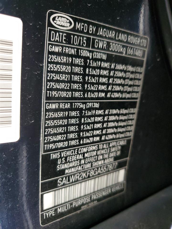 2016 Land Rover Range Rover Sport Hse VIN: SALWR2KF8GA557877 Lot: 92587865