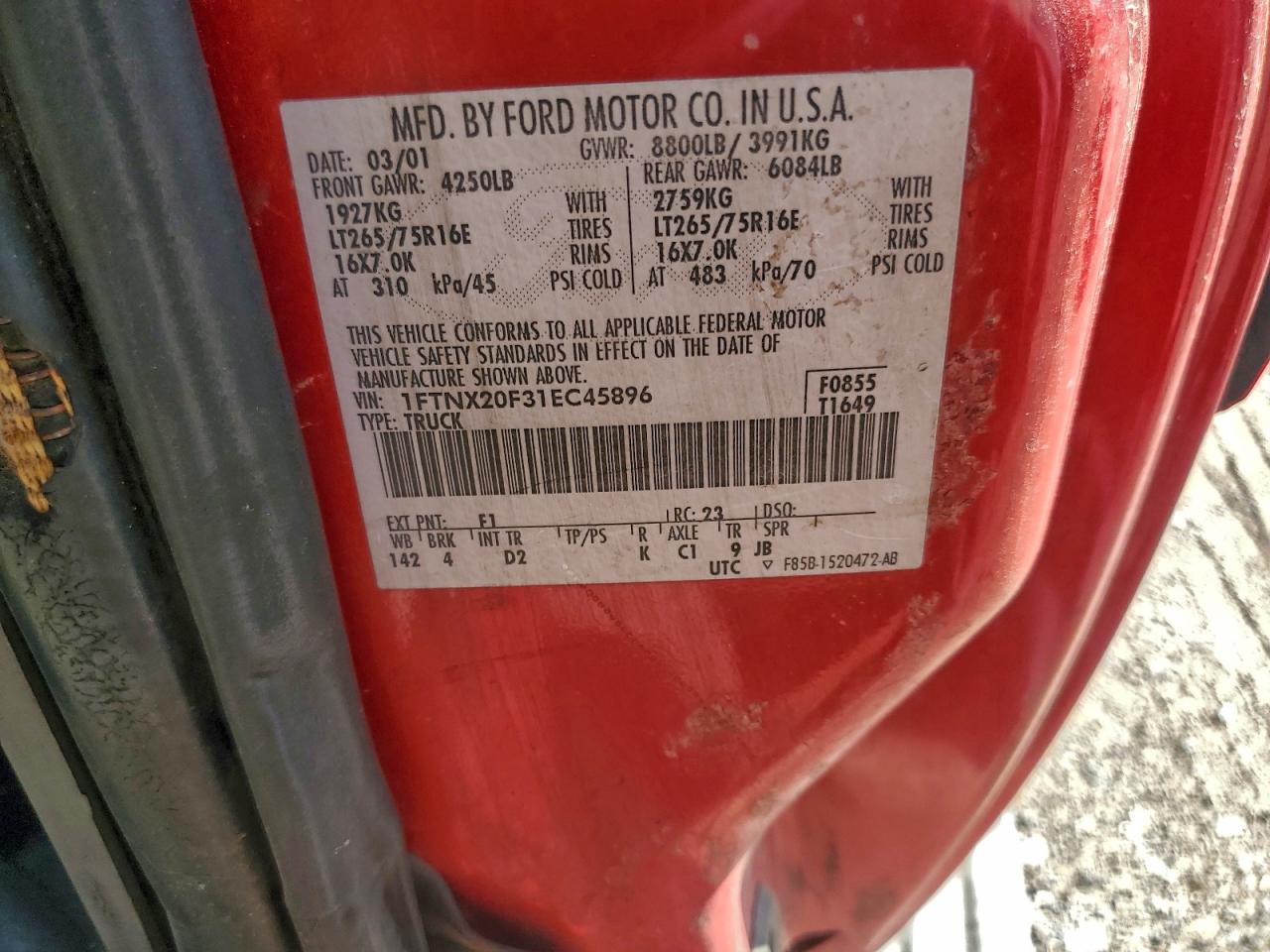 2001 Ford F250 Super Duty VIN: 1FTNX20F31EC45896 Lot: 94504165