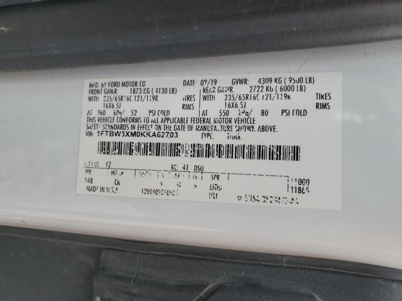 2019 Ford Transit 350 Delivery Van VIN: 1FTBW3XM0KKA62703 Lot: 82696015