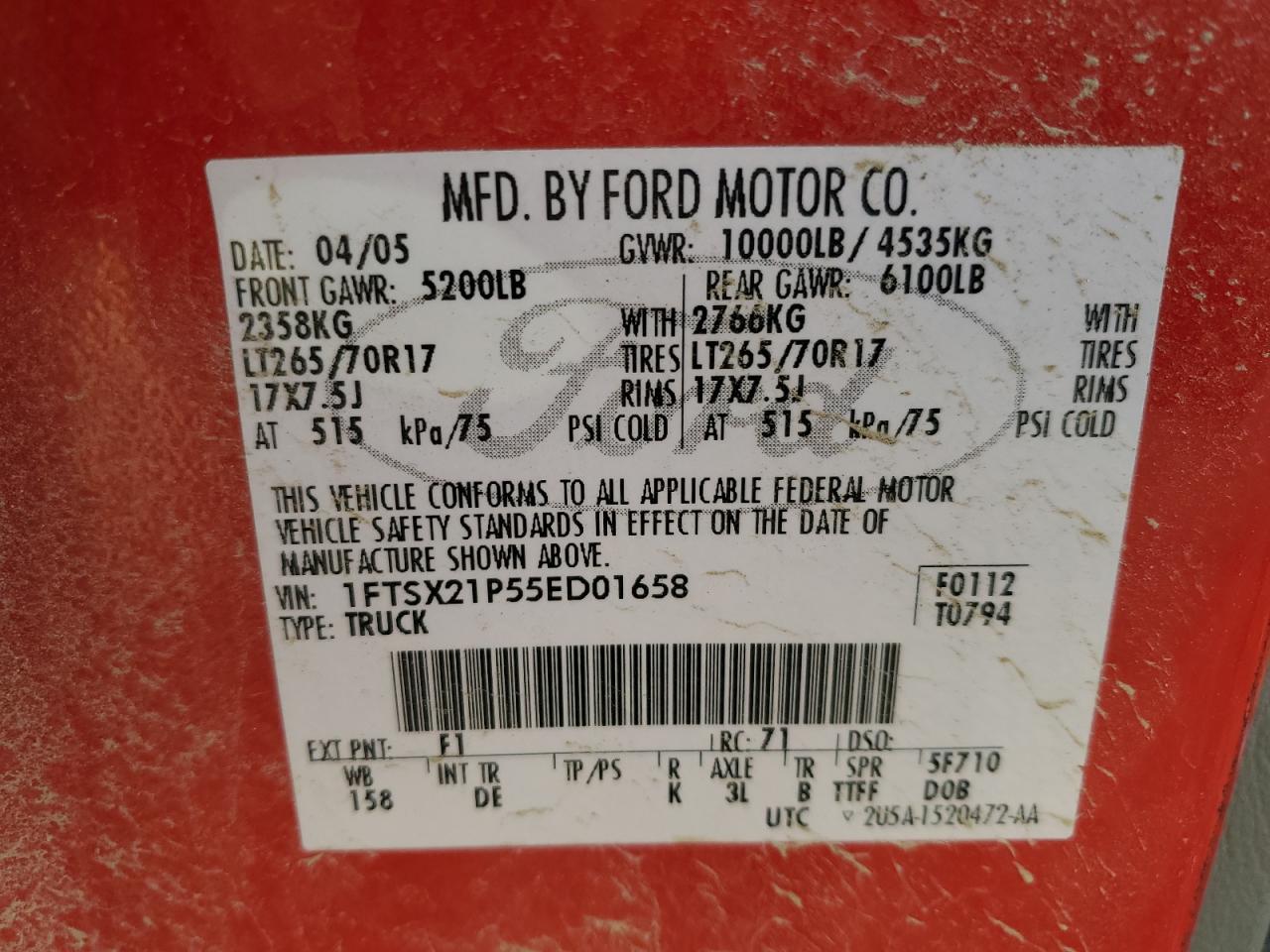 2005 Ford F250 Super Duty VIN: 1FTSX21P55ED01658 Lot: 91293495