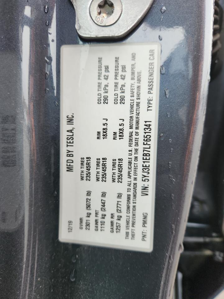 2020 Tesla Model 3 VIN: 5YJ3E1EB7LF651341 Lot: 93701785