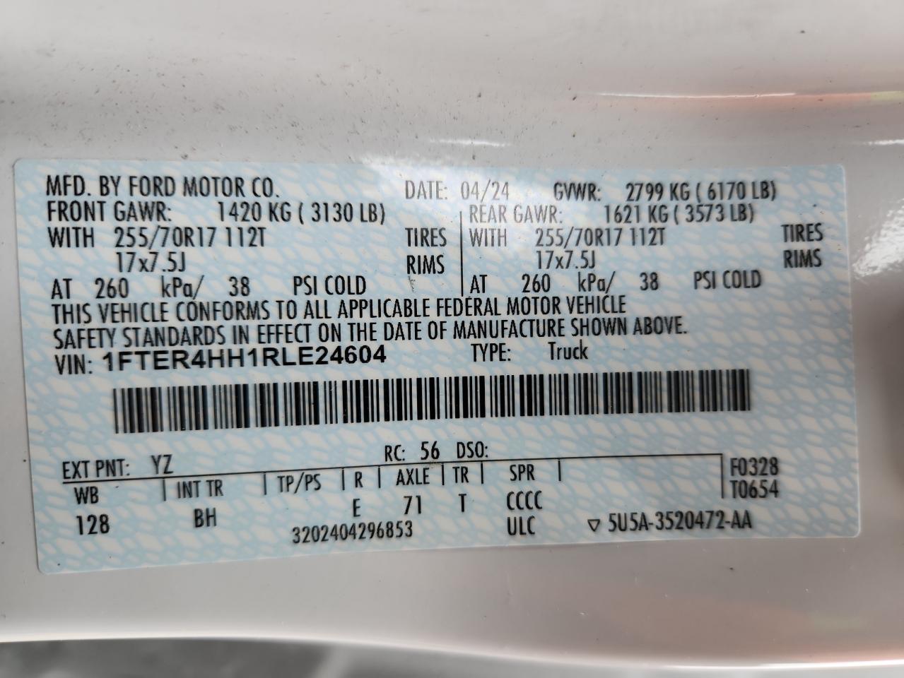 2024 Ford Ranger Xlt VIN: 1FTER4HH1RLE24604 Lot: 90493055