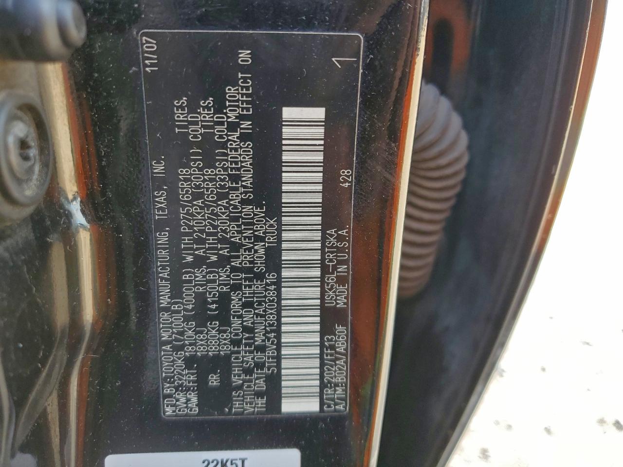 2008 Toyota Tundra Double Cab VIN: 5TFBV54138X038416 Lot: 94238305