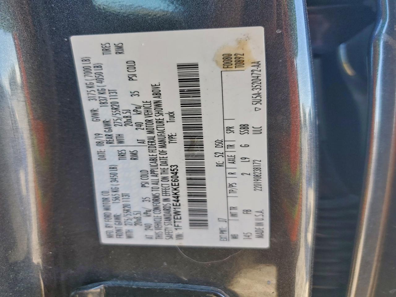 2019 Ford F150 Supercrew VIN: 1FTEW1E44KKE60453 Lot: 94677325