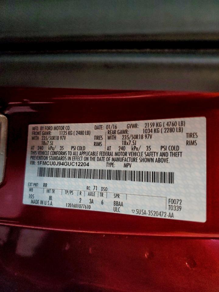 2016 Ford Escape Titanium VIN: 1FMCU0J94GUC12204 Lot: 93493315