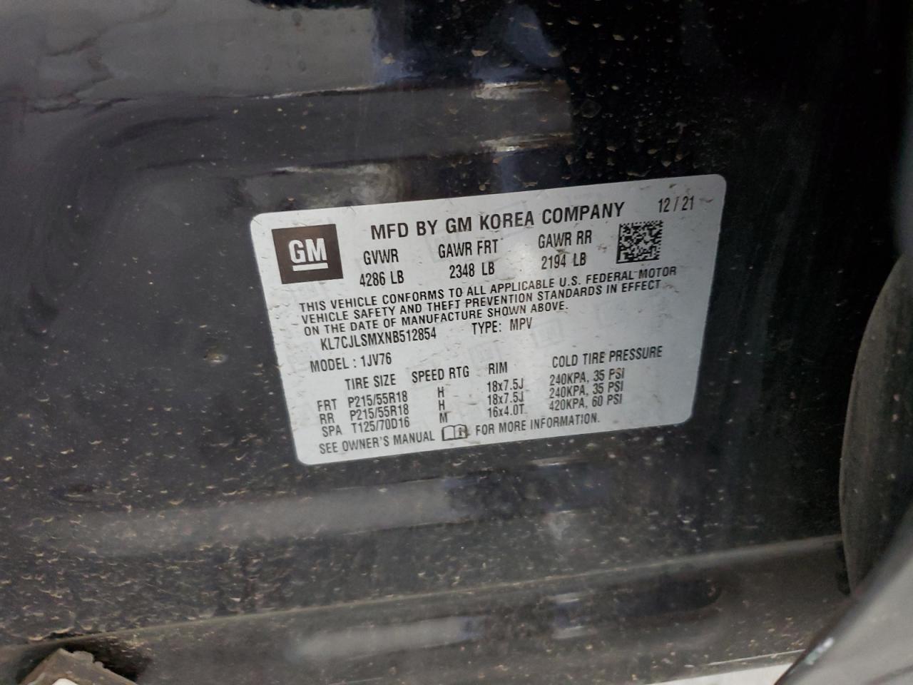 2022 Chevrolet Trax 1Lt VIN: KL7CJLSMXNB512854 Lot: 92852855