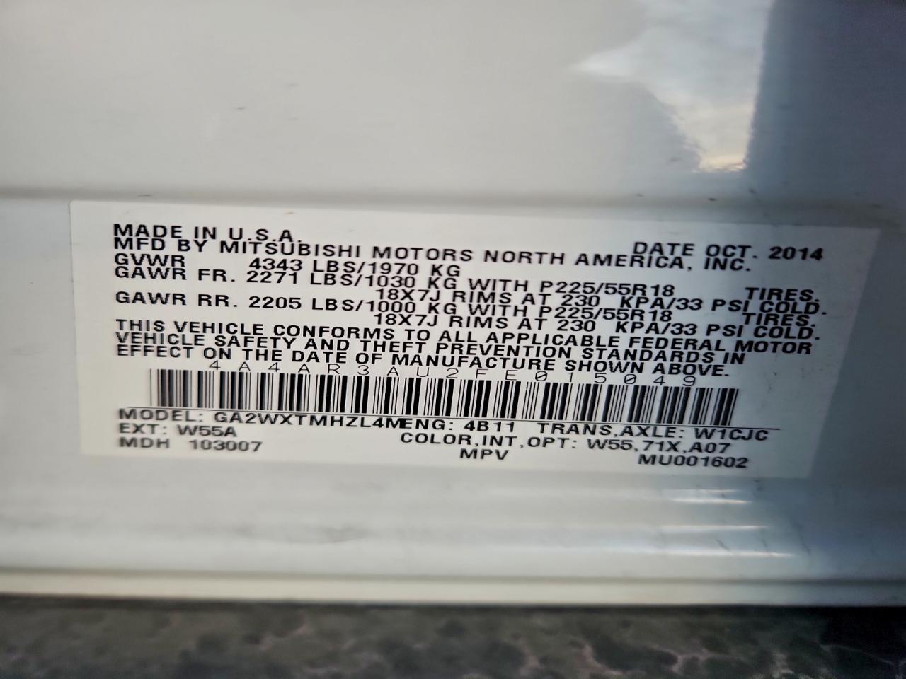 2015 Mitsubishi Outlander Sport Es VIN: 4A4AR3AU2FE015049 Lot: 94187465