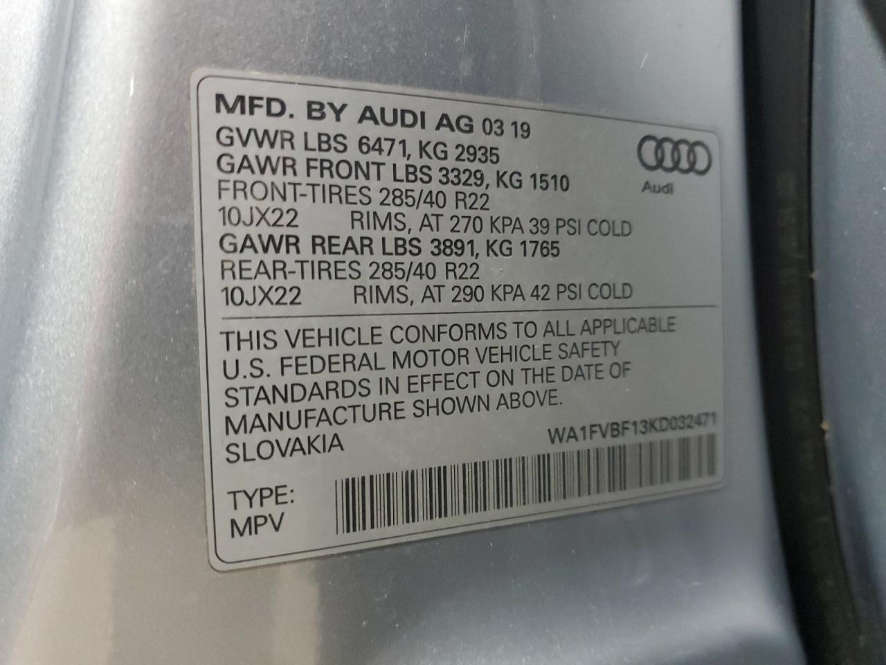 2019 Audi Q8 Prestige S-Line VIN: WA1FVBF13KD032471 Lot: 92569715