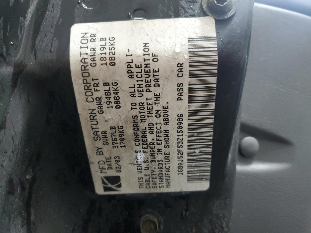 2003 Saturn Ion Level 2 VIN: 1G8AJ52F53Z150986 Lot: 93619295