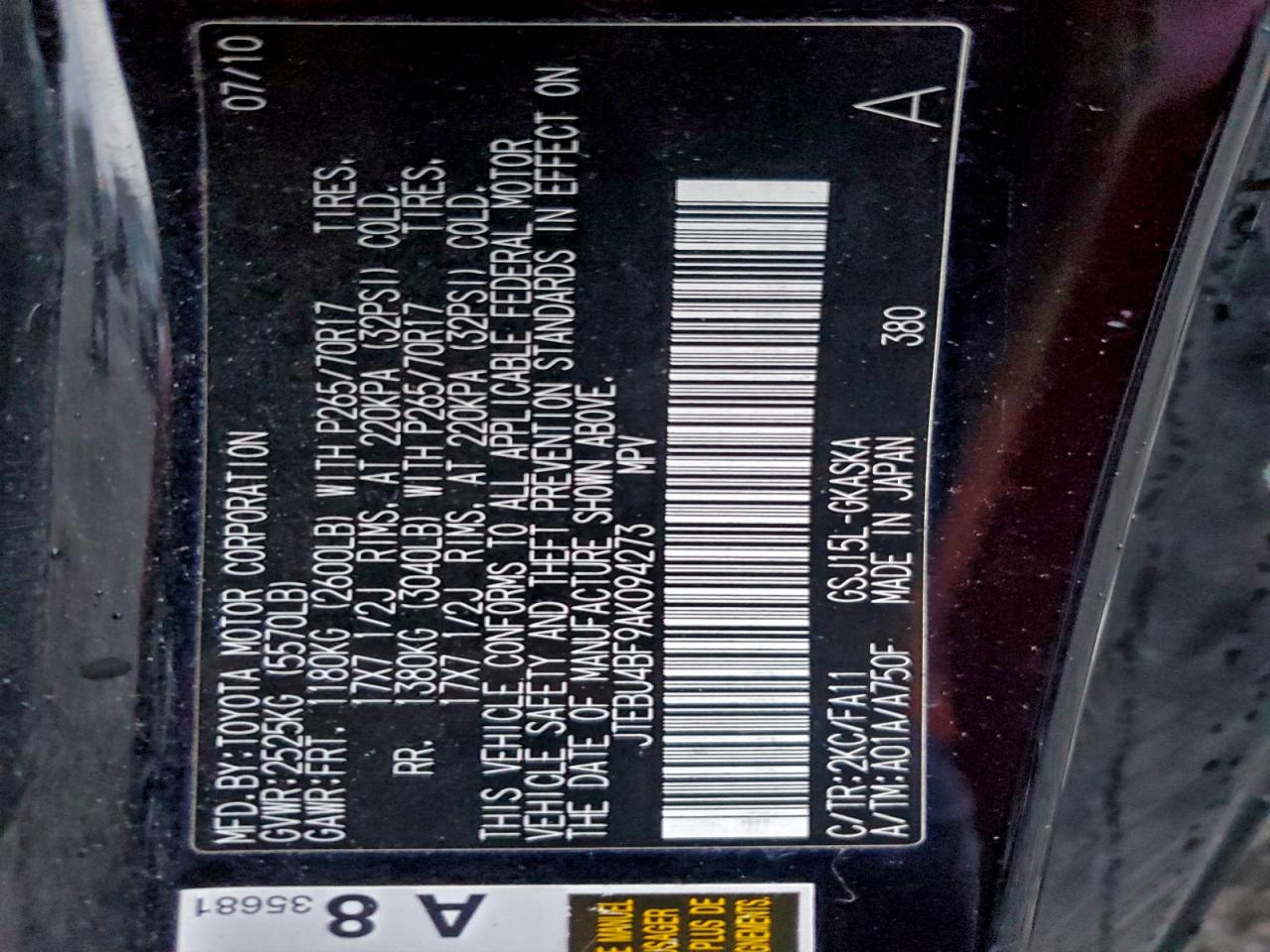 2010 Toyota Fj Cruiser VIN: JTEBU4BF9AK094273 Lot: 90414195