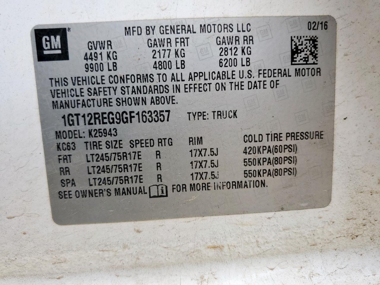2016 GMC Sierra K2500 Heavy Duty VIN: 1GT12REG9GF163357 Lot: 93117825
