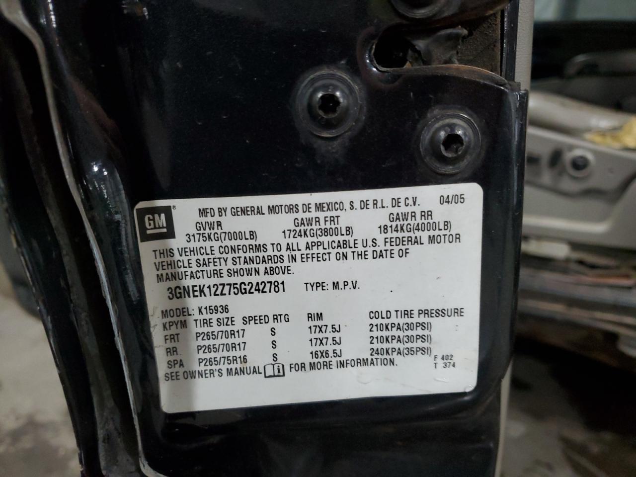 2005 Chevrolet Avalanche K1500 VIN: 3GNEK12Z75G242781 Lot: 92115855