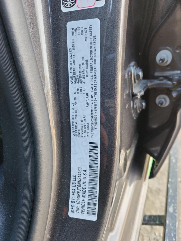 2022 Ram 1500 Laramie VIN: 1C6SRFJT6NN314120 Lot: 91504905