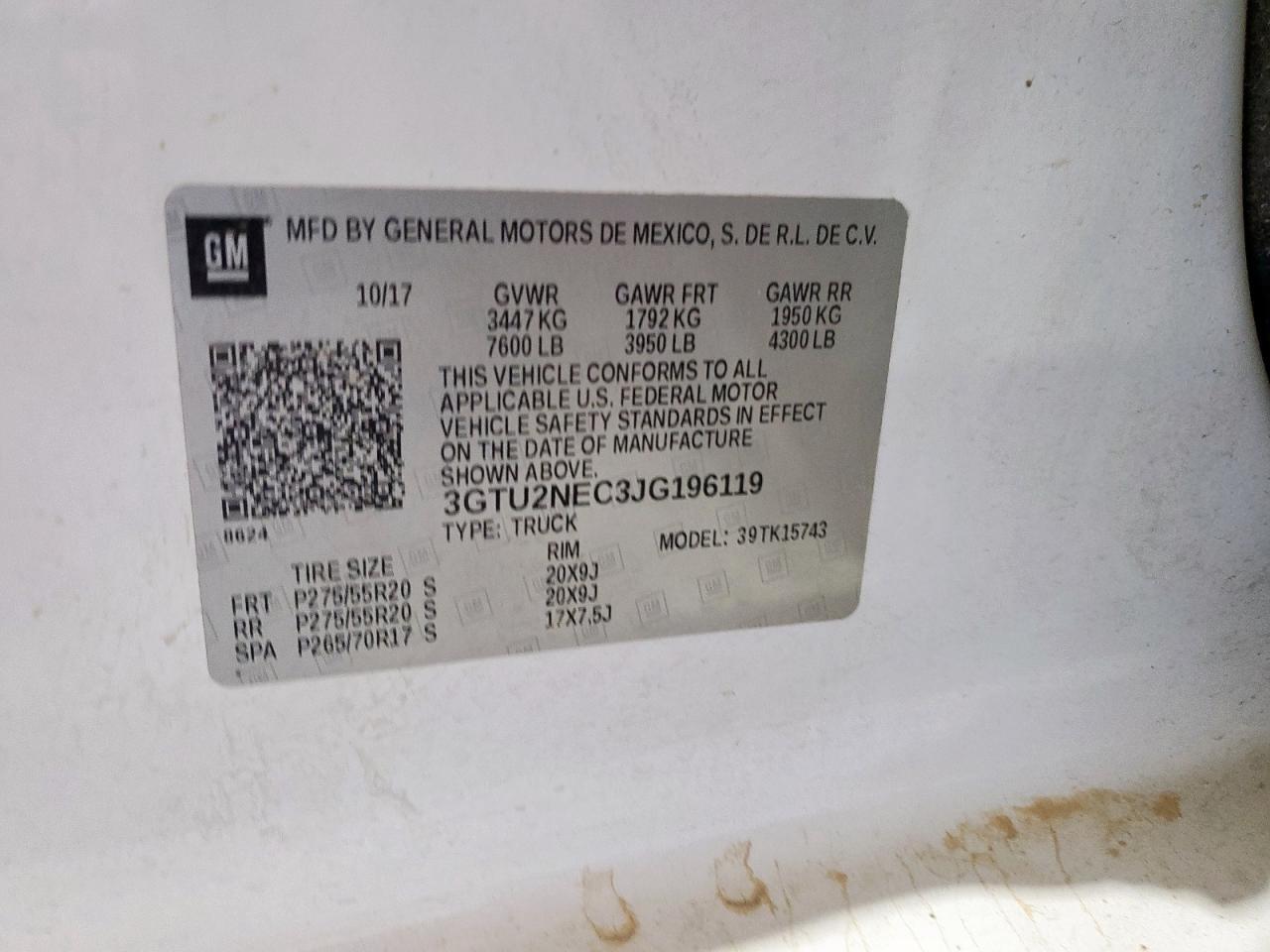 2018 GMC Sierra K1500 Slt VIN: 3GTU2NEC3JG196119 Lot: 91774735