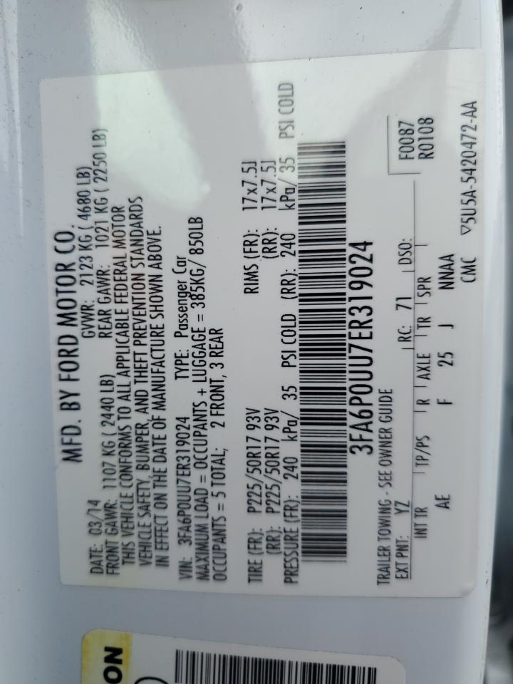 2014 Ford Fusion S Hybrid VIN: 3FA6P0UU7ER319024 Lot: 93121885